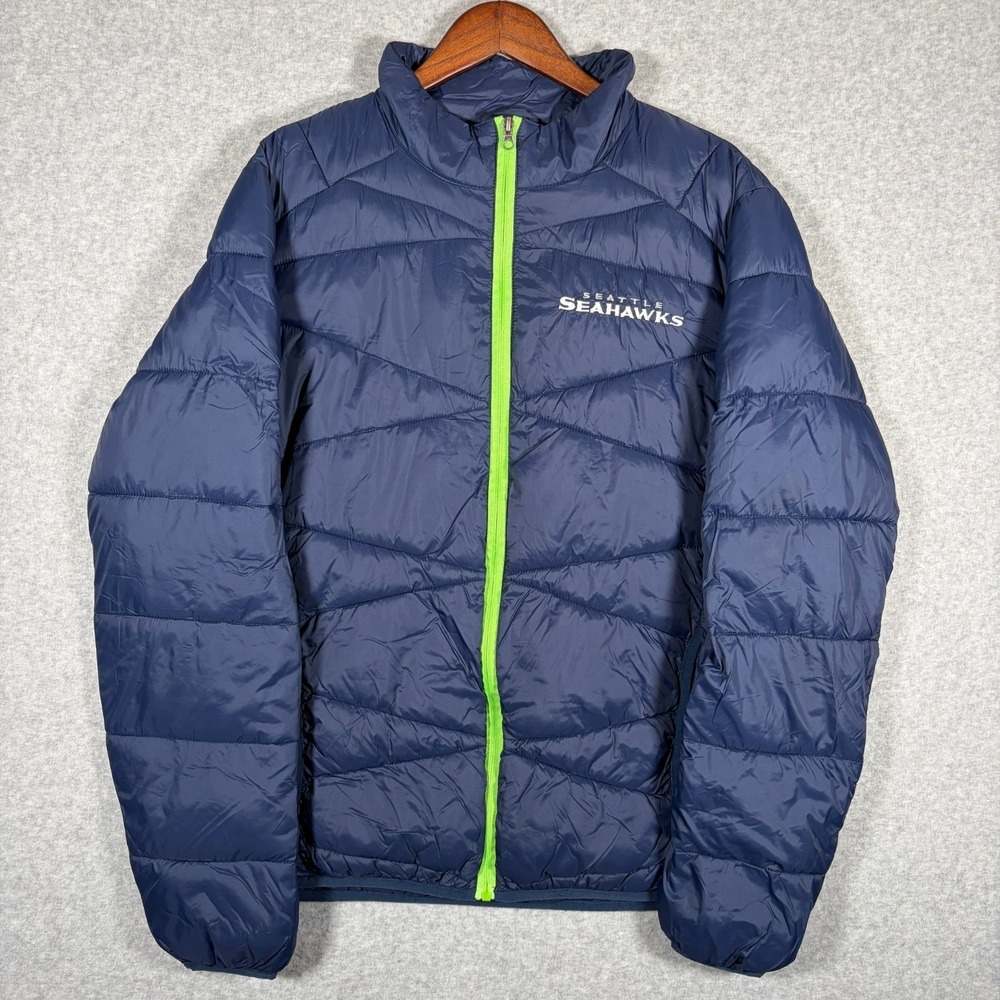 Seattle Seahawks NFL Football Puffer Jacket Mens Large Navy Full Zip Sportswear
